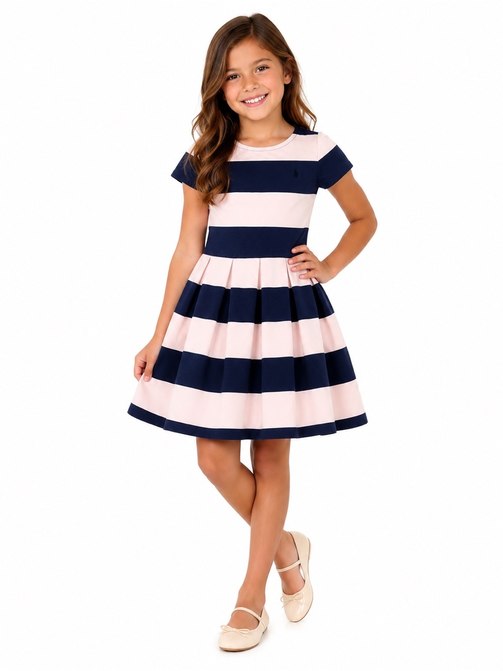 EUC Polo Ralph Lauren Girls Navy and Light Pink Stripe Fit-and-Flare Dress
